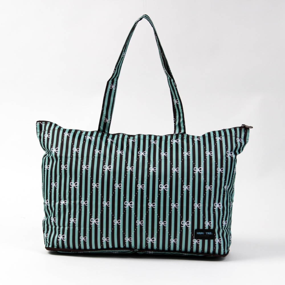 *NWT* Japanese brand Hapitas - Folding Tote Bag - Bows, teal & dk brown stripes